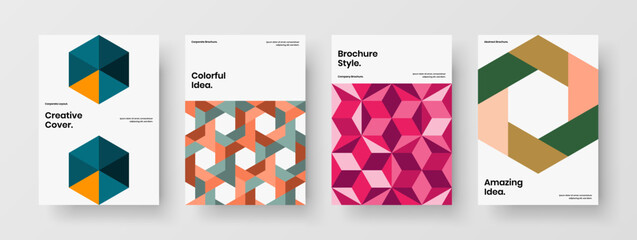 Obraz premium Vivid geometric shapes placard layout collection. Multicolored catalog cover A4 design vector illustration bundle.