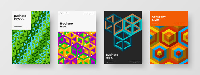 Modern mosaic pattern corporate identity concept set. Multicolored leaflet vector design template bundle.