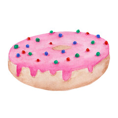 Watercolor glazed sweet pink donut with colored sprinkles isolated on white background. Dessert for decor, design, printing on paper, menus, stickers, postcards. colored illustration of bakering.