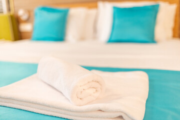 Clean towels on bed at hotel room. Clean towels on bed at hotel room. Towel in Hotel Room , Welcome...