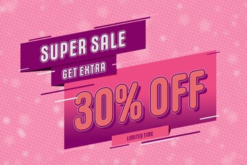 30 thirty Percent off super sale shopping halftone pink banner. hot sale