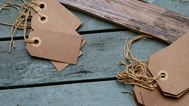 Address label tags on wooden background