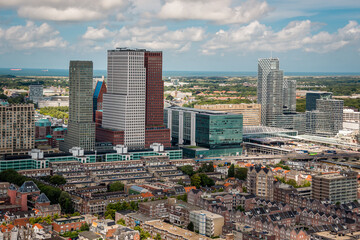 High angle view of the city the Hague with skyscrapers. You can see the sea of Scheveningen in the background
