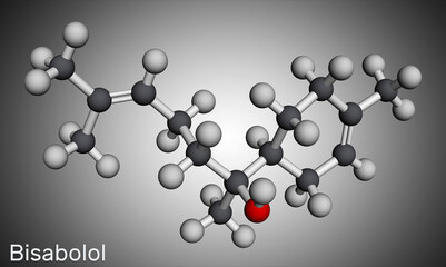 Bisabolol, alpha-Bisabolol, levomenol molecule. It is natural monocyclic sesquiterpene alcohol. Molecular model. 3D rendering