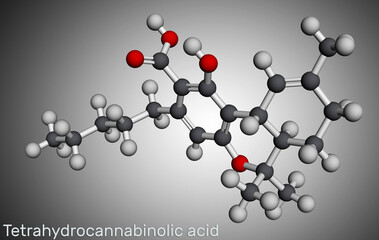 Tetrahydrocannabinolic acid, THCA, tetrahydrocannabinolate molecule. Precursor of tetrahydrocannabinol THC. Molecular model. 3D rendering.