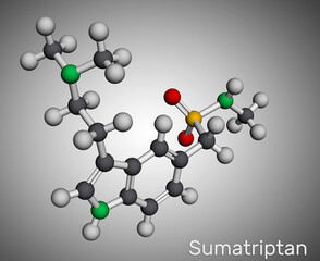 Sumatriptan molecule. It is serotonin receptor agonist used to treat migraines, headache. Molecular model. 3D rendering.