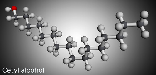Cetyl alcohol, palmityl alcohol molecule. Used in cosmetic industry. Molecular model. 3D rendering.