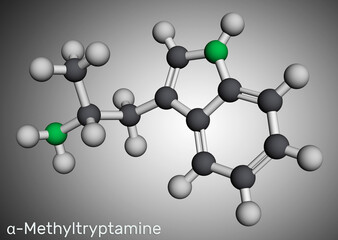 alpha-Methyltryptamine, ?MT, AMT, molecule. It is psychedelic, stimulant, antidepressant and entactogen drug. Molecular model. 3D rendering