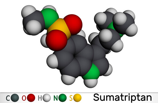 Sumatriptan molecule. It is serotonin receptor agonist used to treat migraines, headache. Molecular model. 3D rendering
