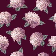 Seamless botanical pattern with pink hydrangeas. Vector