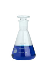 Сonical flask with a blue reagent isolated on a white background, the concept of scientific research in biology and medicine