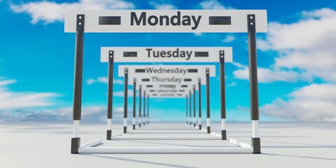 Everyday obstacles to overcome. Week days name on hurdles, blue sky background