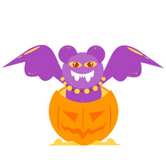 Vector illustration of a purple mouse in a pumpkin. Bat and pumpkin. Halloween. Isolated