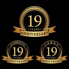 19 years anniversary logo collections. Set of 19th Anniversary logotype template. Vector and illustration.