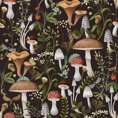 Autumn seamless pattern with mushrooms, berries and bugs. Natural trendy print. - 525395715