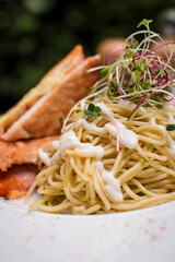 Spaghetti with chicken milanesa napolitana gourmet food