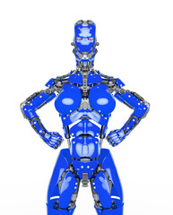 cyborg girl is doing a super pose on white background