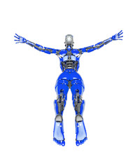 cyborg girl is flying free on white background rear view