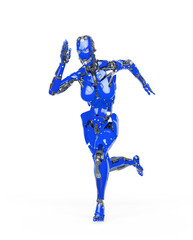 cyborg girl is running fast in action on white background