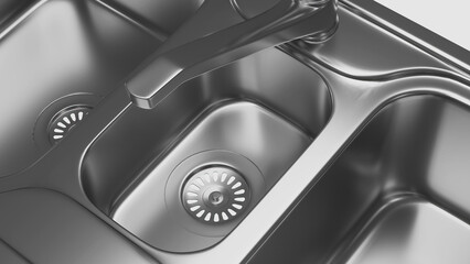 Triple metallic kitchen sink - close up view