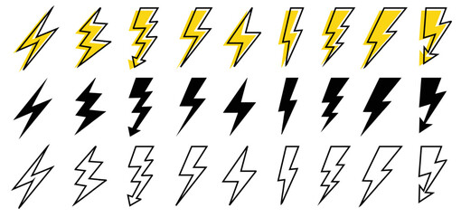 Lightning bolt icons set. Thunderbolt in flat style. Outline graphic elements vector. Black outlined and yellow colored icon sets. Power voltage sign. Thunder Vector illustration. - obrazy, fototapety, plakaty