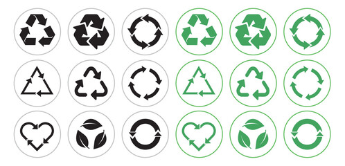 Recycle icon set. Triangles, Arrows, heart and leaf recycle eco sign symbol. Rounded angles. Circle with arrows. Flat Green Recycled signs vector illustration isolated on white background.