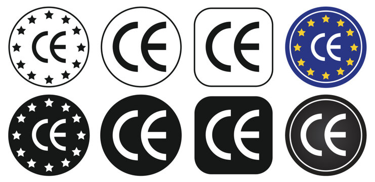 CE mark. CE symbol isolated on white background. European Conformity certification mark icons set. Black Flat, outlined, circle round square. Vector Illustration.