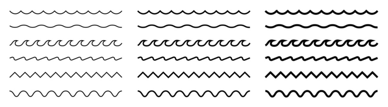Wave line and wavy zigzag lines. Black underlines wavy curve zig zag line pattern in abstract style. Geometric decoration element. Isolated on white background. Ocean water waves. Vector icons set.
