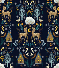 Christmas seamless pattern with rustic animals, birds and trees. Wallpaper print.
