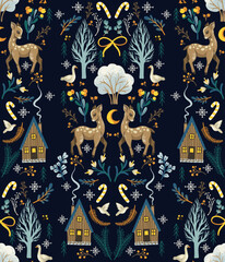 Christmas seamless pattern with rustic animals, birds and trees. Wallpaper print. © Yumeee