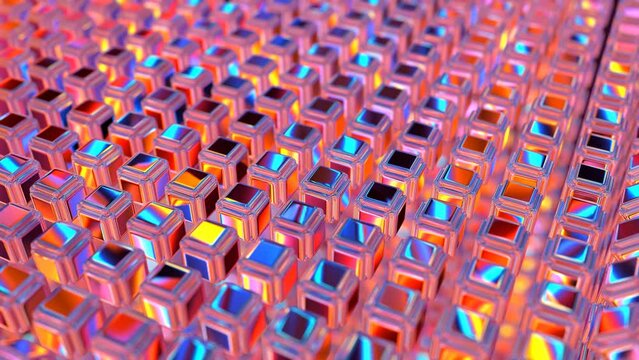 Many colorful pink blue metallic geometric glossy objects change their forms 3d 4K animation