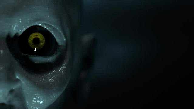 Creepy pale creature opens its eyes close-up on black background 3d 4k animation with copy space. Spooky face.