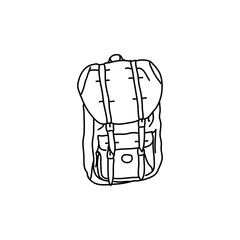 Vector suitcase, bag or backpack for travel. Various types of hand luggage, suitcases and bags are hand drawn in a linear style. For the design of advertisements, brochures, banners and posters