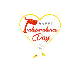happy independence day of China. Airplane draws cloud from heart. National flag vector illustration on white background.