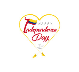 happy independence day of Colombia. Airplane draws cloud from heart. National flag vector illustration on white background.