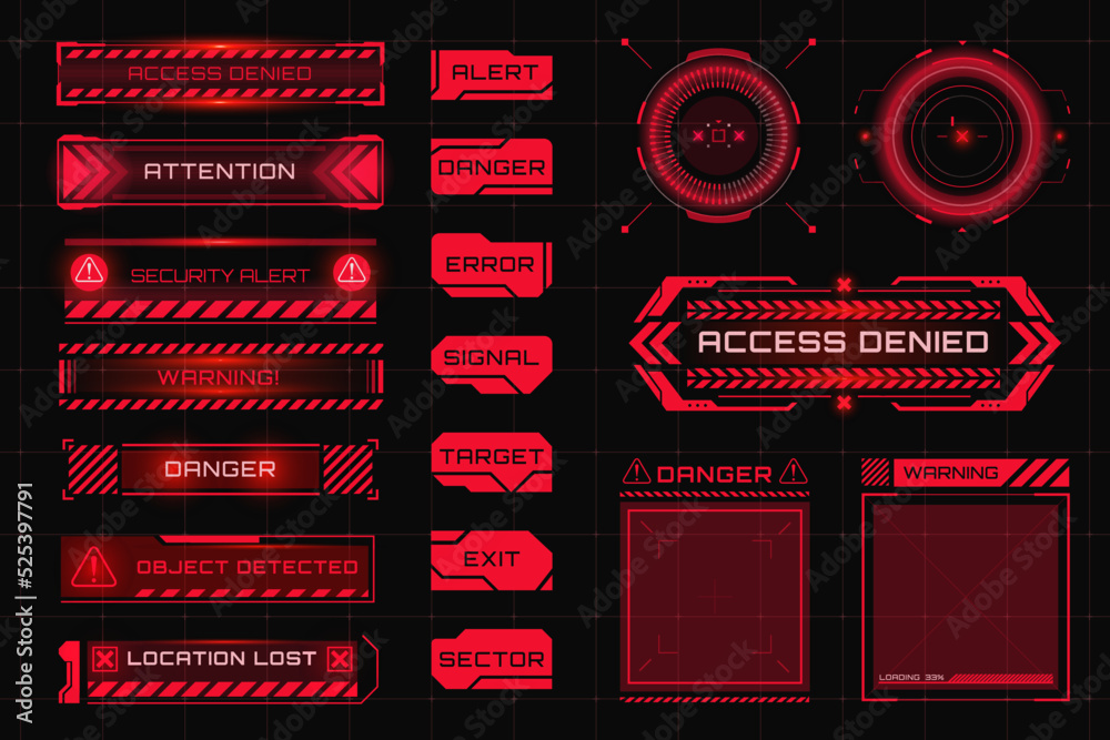 Fototapete set of warning, attention and alert red symbols. hud caution and danger frames. game ui with warning