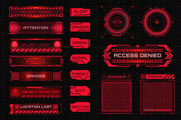Set of warning, attention and alert red symbols. HUD caution and danger frames. Game UI with warning boxes for system damage error - obrazy, fototapety, plakaty