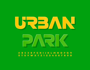 Vector green emblem Urban Park with Abstract style Font. Unique Alphabet Letters and Numbers set