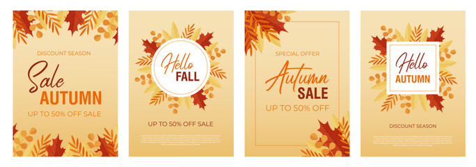 Autumn sale designs set with fall leaves. Vector illustration for banners, posters or flyers. Templates set for advertising, web, social media and fashion ads