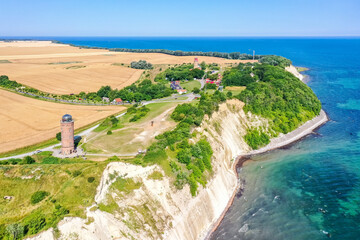 Aerial view of Kap Arkona on Rügen island at the Baltic Sea with lighthouse and chalk cliffs in Germany