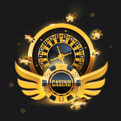 Golden playing cards, roulette wheel and flying poker chips. Poker casino vector illustration. Realistic chip flying on black background. Online casino, gambling concept, poker mobile app.