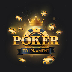 Golden poker tournament logo with flying chips on dark background. Vector illustration. Poker tournament banner with bright lights and poker chips. 