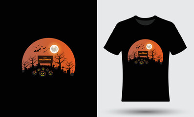 Dead trees, bats flying at moon night background t-shirt with gradient lights