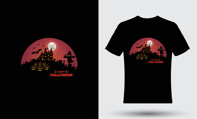 Halloween night moon pumpkins and bats flying t-shirt design