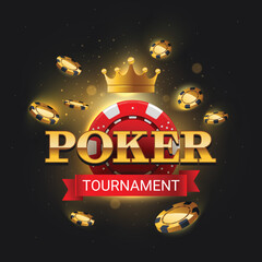 Poker tournament logo with flying chips on dark background. Vector illustration. Poker tournament banner with bright lights and poker chips. 