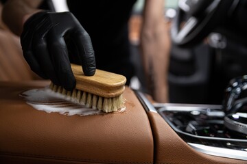 car detailing studio employee cleans the brown leather upholstery of a car with a detergent and a...