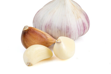 Raw garlic isolated on white background. Full depth of field. Close-up