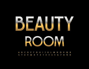 Vector chic logo Beauty Room. Gold elegant Font. Stylish metallic Alphabet Letters and Numbers set