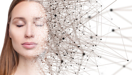 Half face of young woman disappearing in virtual space.