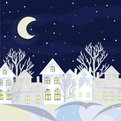 Obraz na płótnie Canvas Winter illustration with white houses and snow. Christmas night.